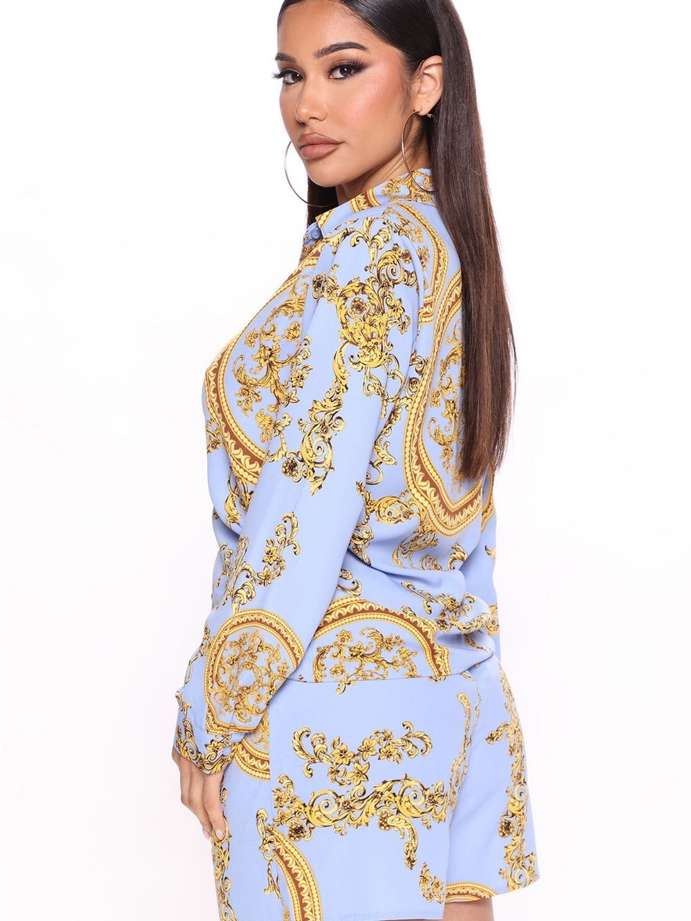 Fashion Nova Blue and Gold Baroque Print Button-Up Set - Picture 3 of 4